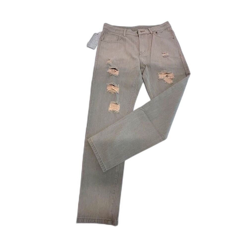 Men's Distressed Slim Fit Jeans in Beige – Stylish Ripped Design